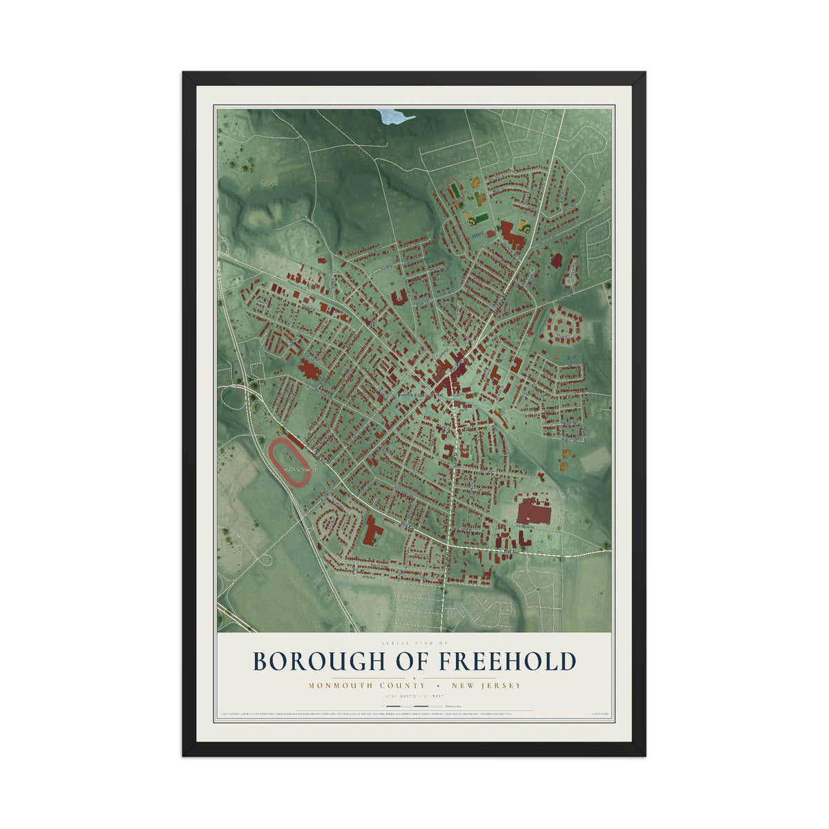 Borough of Freehold, New Jersey map print, 12" x 18" W/ Black Ayous Wood Frame mockup