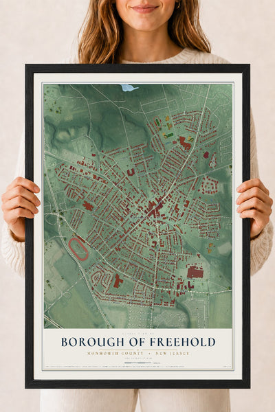 Borough of Freehold, New Jersey map print, 18" x 24" W/ Black Ayous Wood Frame mockup