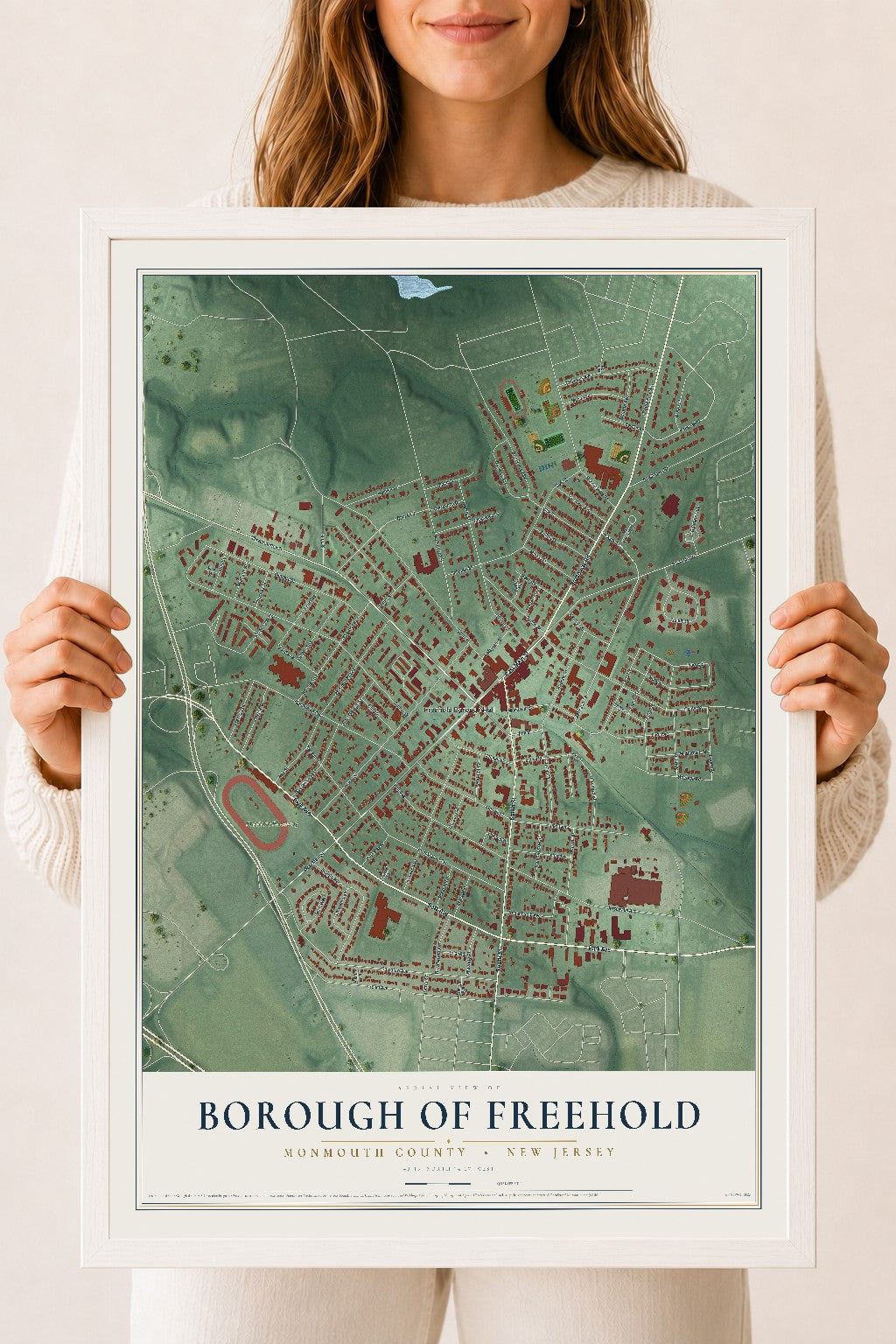 Borough of Freehold, New Jersey map print, 18" x 24" W/ White Ayous Wood Frame mockup