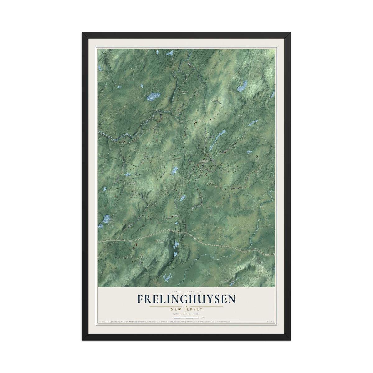 Frelinghuysen, New Jersey map print, 12" x 18" W/ Black Ayous Wood Frame mockup