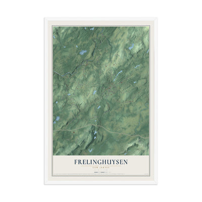 Frelinghuysen, New Jersey map print, 12" x 18" W/ White Ayous Wood Frame mockup