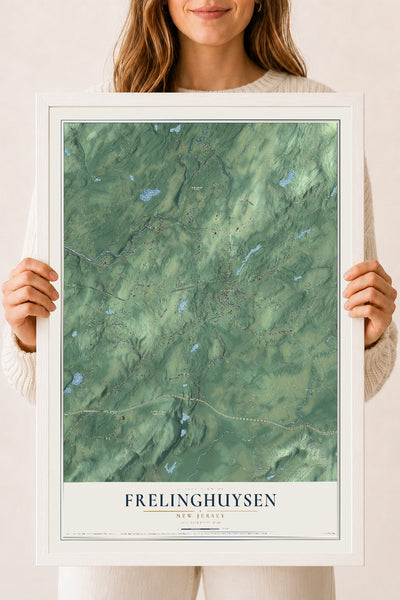 Frelinghuysen, New Jersey map print, 18" x 24" W/ White Ayous Wood Frame mockup
