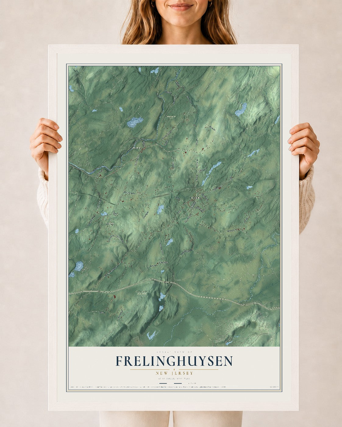Frelinghuysen, New Jersey map print, 24" x 36" W/ White Ayous Wood Frame mockup