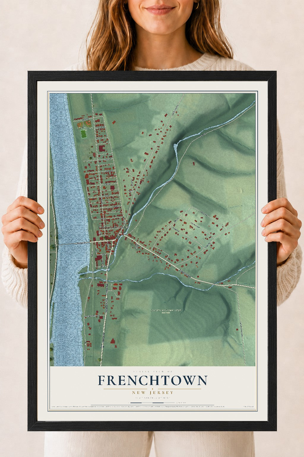 Frenchtown, New Jersey map print, 18" x 24" W/ Black Ayous Wood Frame mockup