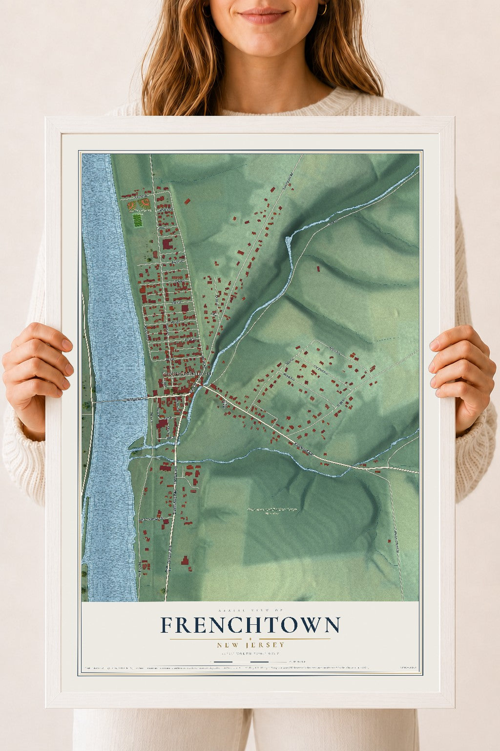 Frenchtown, New Jersey map print, 18" x 24" W/ White Ayous Wood Frame mockup
