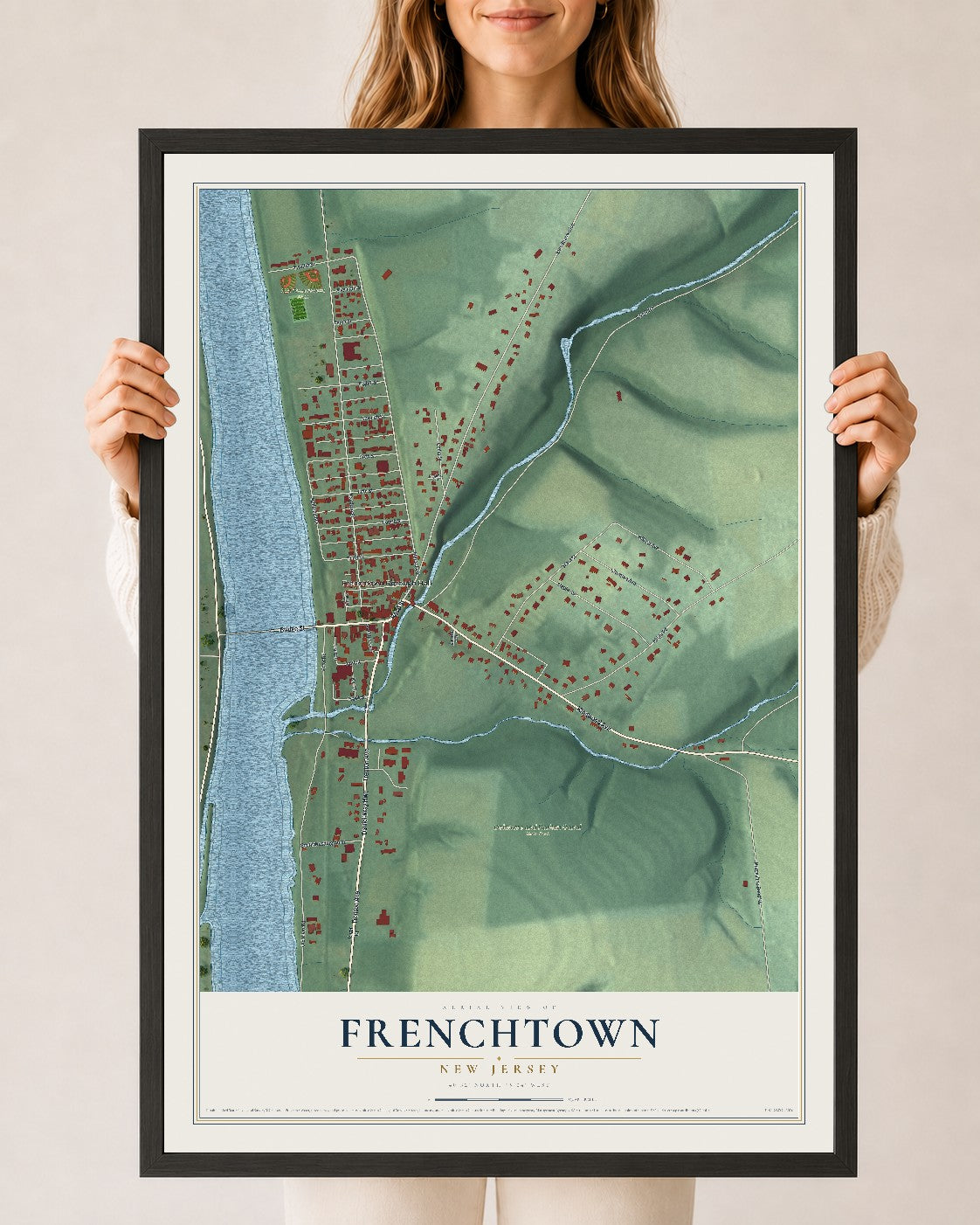 Frenchtown, New Jersey map print, 24" x 36" W/ Black Ayous Wood Frame mockup