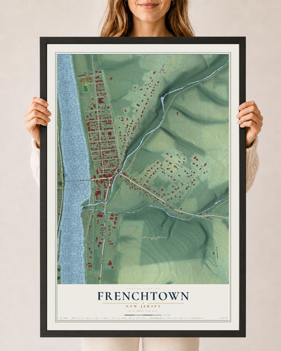 Frenchtown, New Jersey map print, 24" x 36" W/ Black Ayous Wood Frame mockup