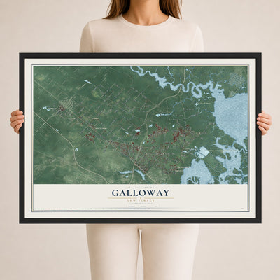 Galloway, New Jersey map print, 24" x 36" W/ Black Ayous Wood Frame mockup