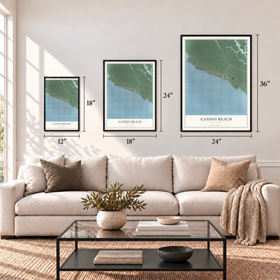 Gandys Beach, New Jersey map in 12 x 18, 18 x 24 and 24 x 36 inch sizes above a sofa