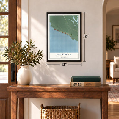 Gandys Beach, New Jersey map, 12 x 18 inch print in a black frame in an entryway