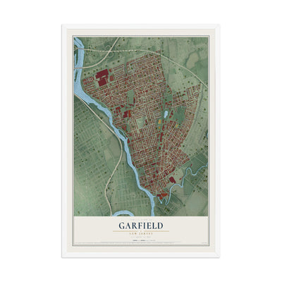 Garfield, New Jersey map print, 12" x 18" W/ White Ayous Wood Frame mockup