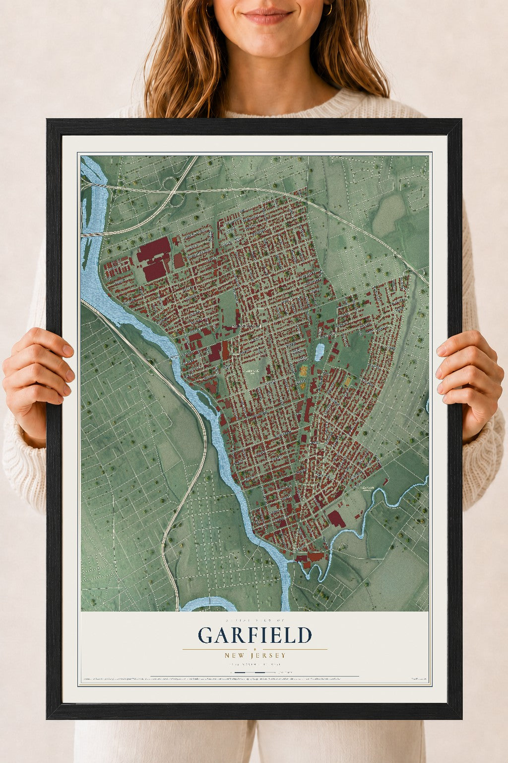 Garfield, New Jersey map print, 18" x 24" W/ Black Ayous Wood Frame mockup