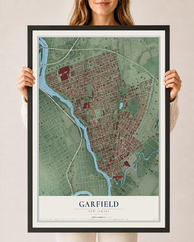 Garfield, New Jersey map print, 24" x 36" W/ Black Ayous Wood Frame mockup