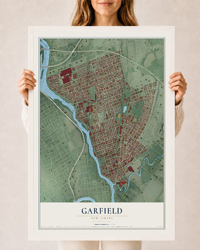 Garfield, New Jersey map print, 24" x 36" W/ White Ayous Wood Frame mockup