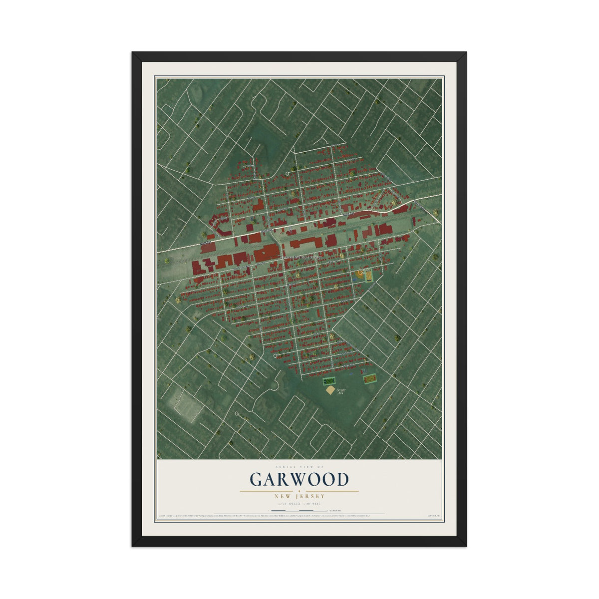Garwood, New Jersey map print, 12" x 18" W/ Black Ayous Wood Frame mockup