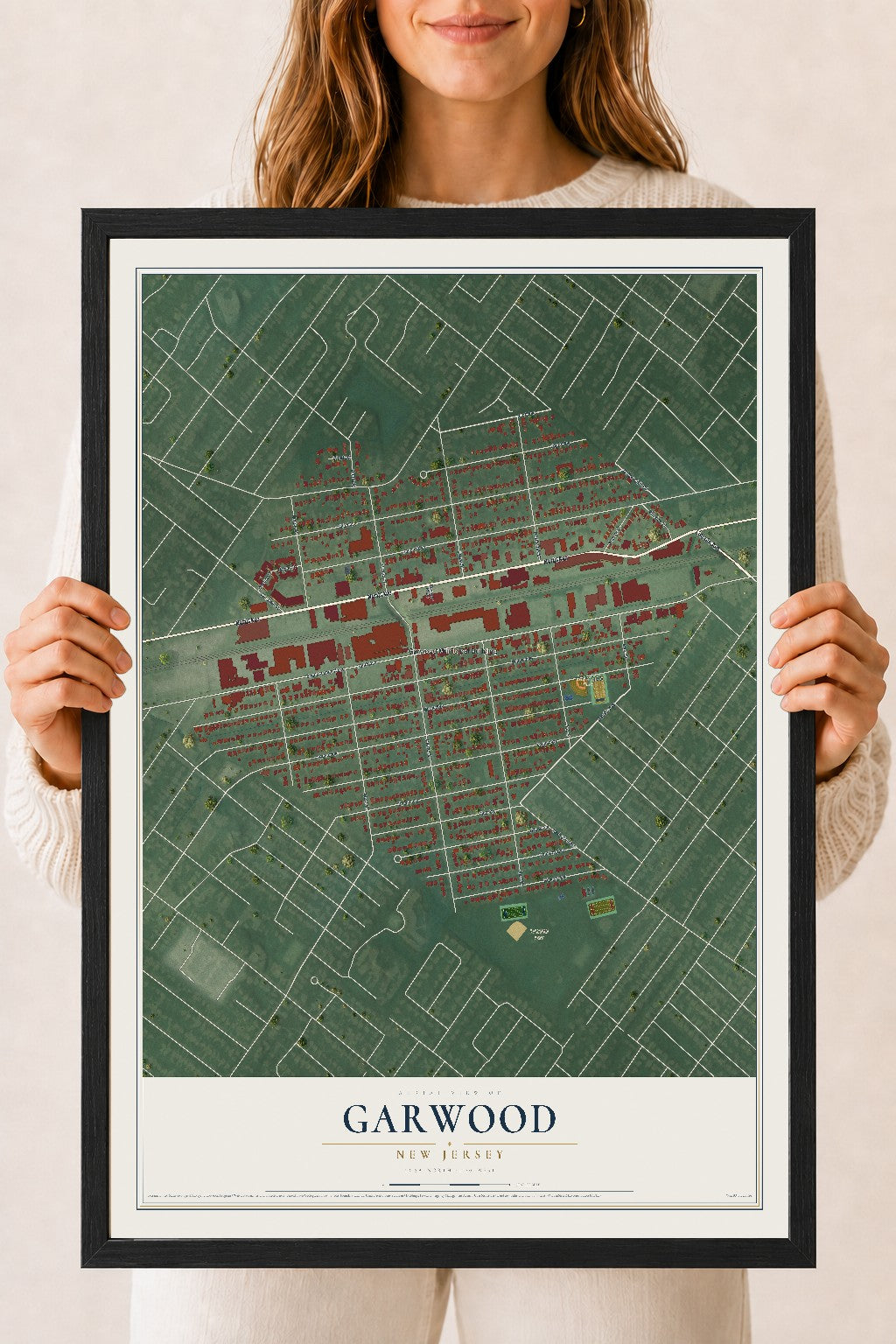 Garwood, New Jersey map print, 18" x 24" W/ Black Ayous Wood Frame mockup