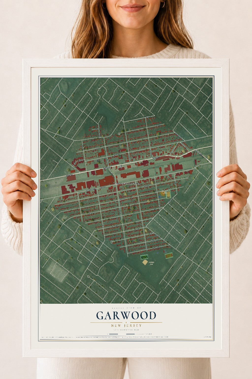 Garwood, New Jersey map print, 18" x 24" W/ White Ayous Wood Frame mockup