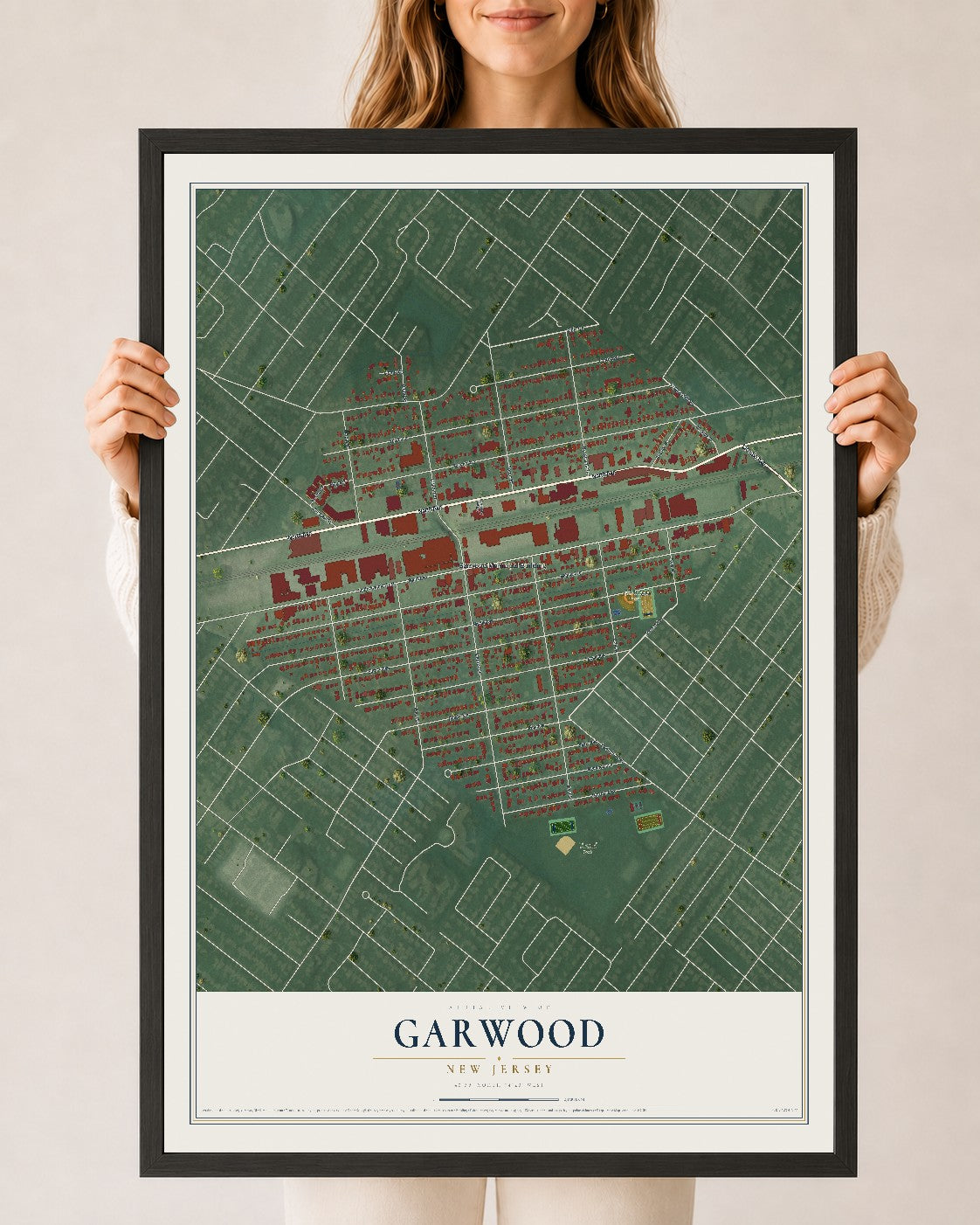 Garwood, New Jersey map print, 24" x 36" W/ Black Ayous Wood Frame mockup