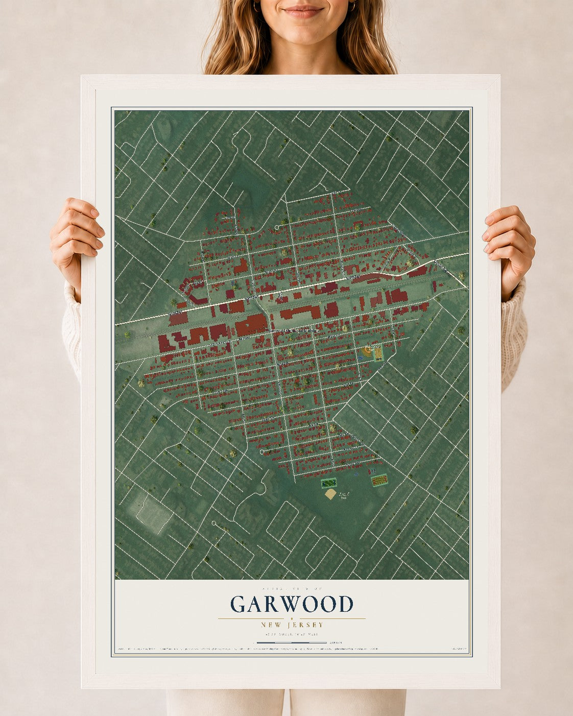 Garwood, New Jersey map print, 24" x 36" W/ White Ayous Wood Frame mockup