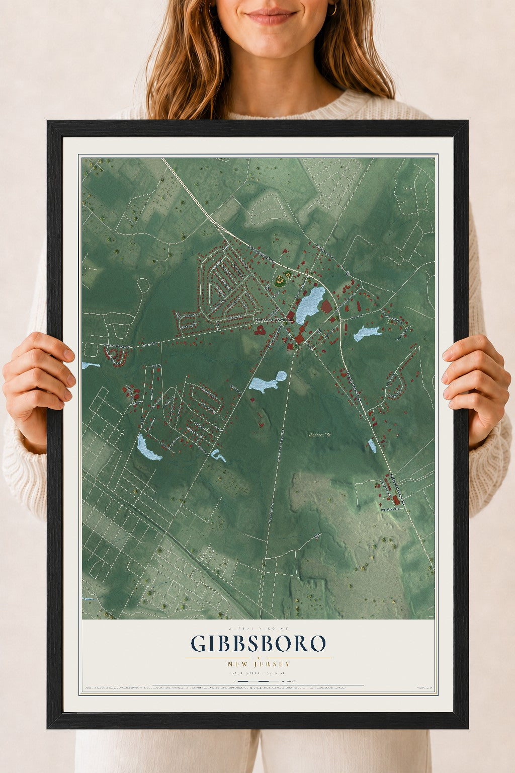 Gibbsboro, New Jersey map print, 18" x 24" W/ Black Ayous Wood Frame mockup