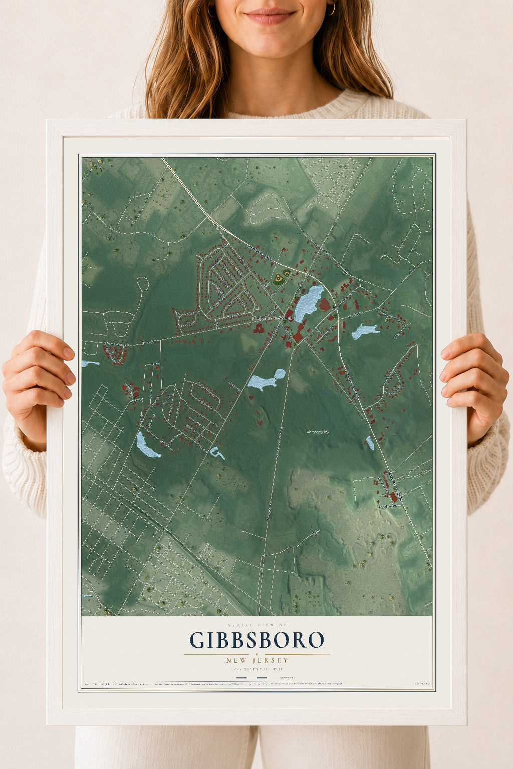 Gibbsboro, New Jersey map print, 18" x 24" W/ White Ayous Wood Frame mockup