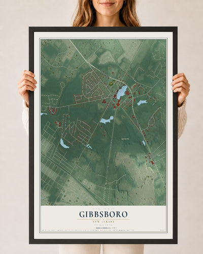 Gibbsboro, New Jersey map print, 24" x 36" W/ Black Ayous Wood Frame mockup