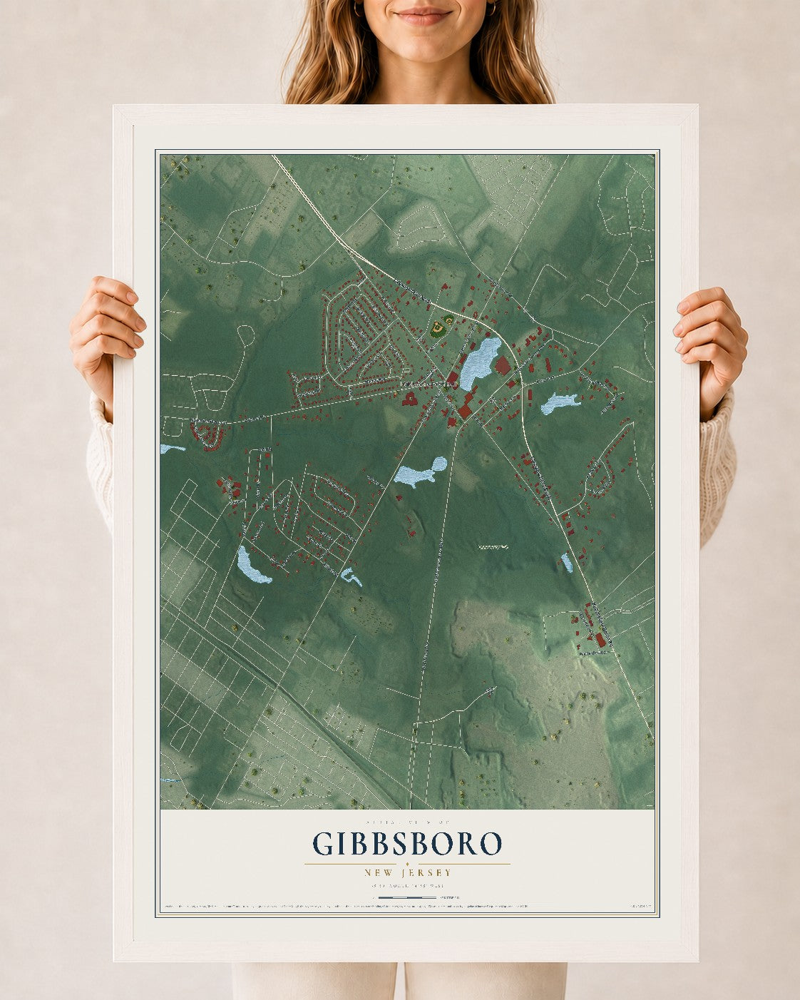 Gibbsboro, New Jersey map print, 24" x 36" W/ White Ayous Wood Frame mockup