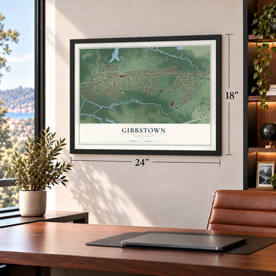 Gibbstown, New Jersey map, 18 x 24 inch print in a black frame in a home office