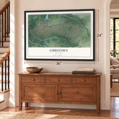 Gibbstown, New Jersey map, 24 x 36 inch print in a black frame above a dresser by a staircase