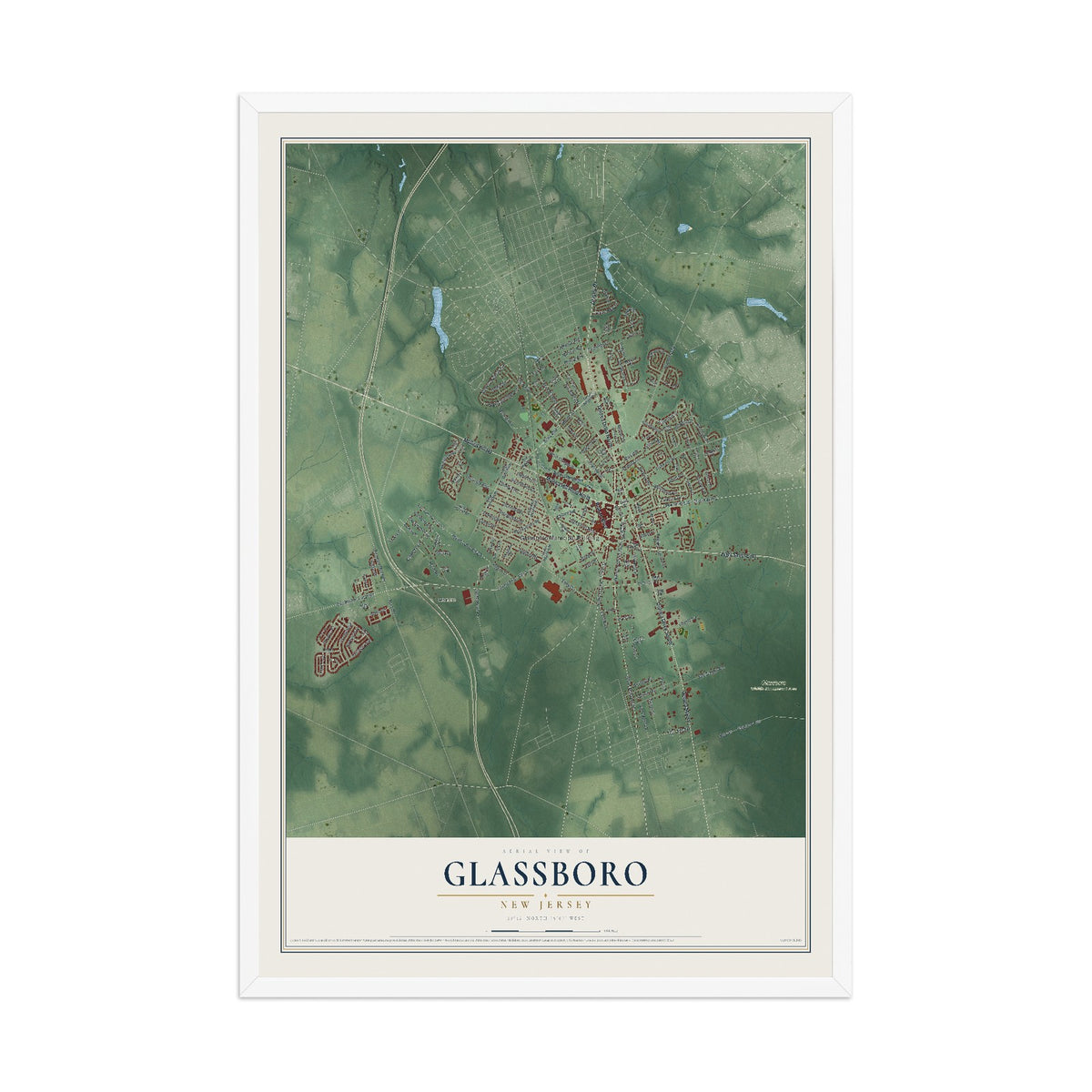 Glassboro, New Jersey map print, 12" x 18" W/ White Ayous Wood Frame mockup