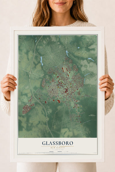 Glassboro, New Jersey map print, 18" x 24" W/ White Ayous Wood Frame mockup