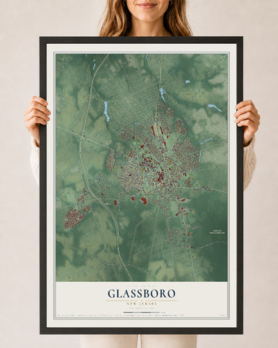 Glassboro, New Jersey map print, 24" x 36" W/ Black Ayous Wood Frame mockup