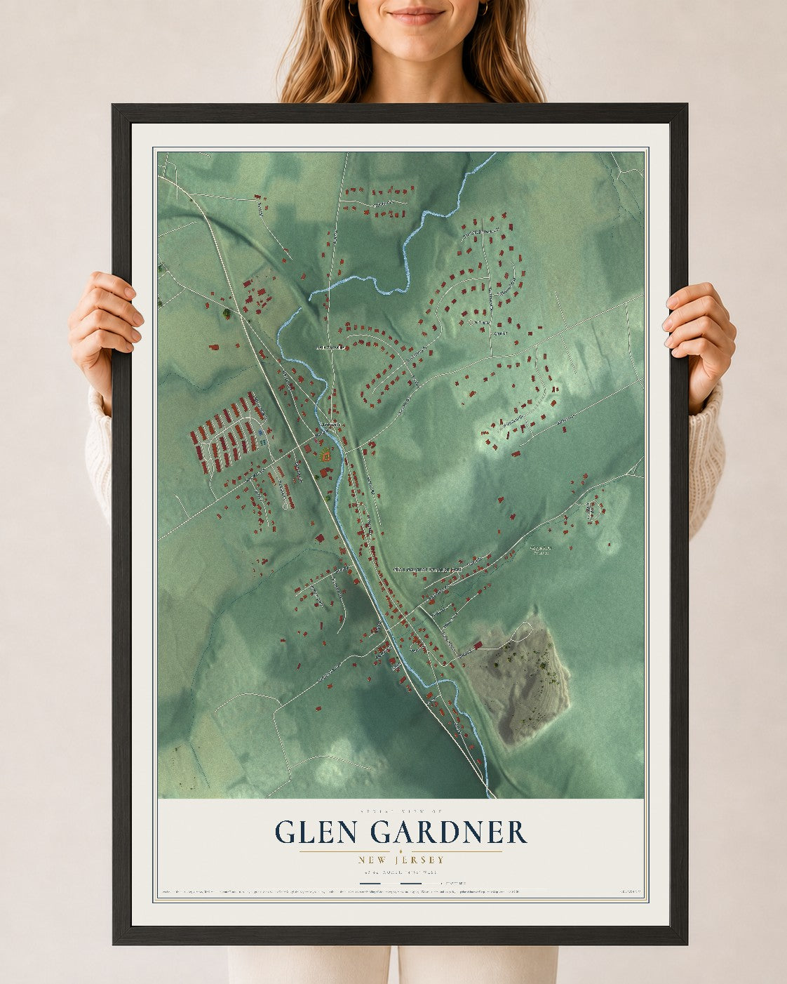Glen Gardner, New Jersey map print, 24" x 36" W/ Black Ayous Wood Frame mockup