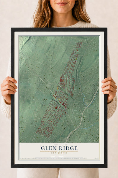 Glen Ridge, New Jersey map print, 18" x 24" W/ Black Ayous Wood Frame mockup