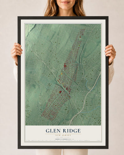 Glen Ridge, New Jersey map print, 24" x 36" W/ Black Ayous Wood Frame mockup
