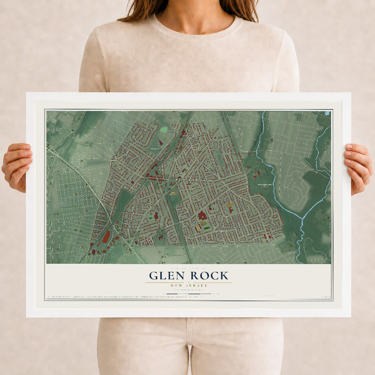 Glen Rock, New Jersey map print, 12" x 18" W/ White Ayous Wood Frame mockup