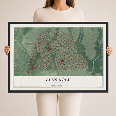 Glen Rock, New Jersey map print, 24" x 36" W/ Black Ayous Wood Frame mockup