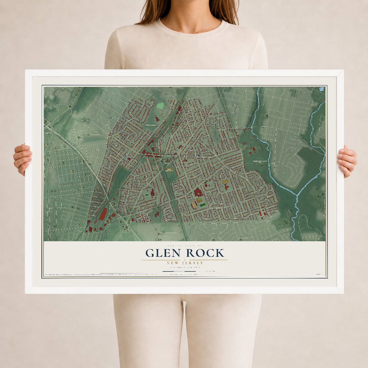 Glen Rock, New Jersey map print, 24" x 36" W/ White Ayous Wood Frame mockup