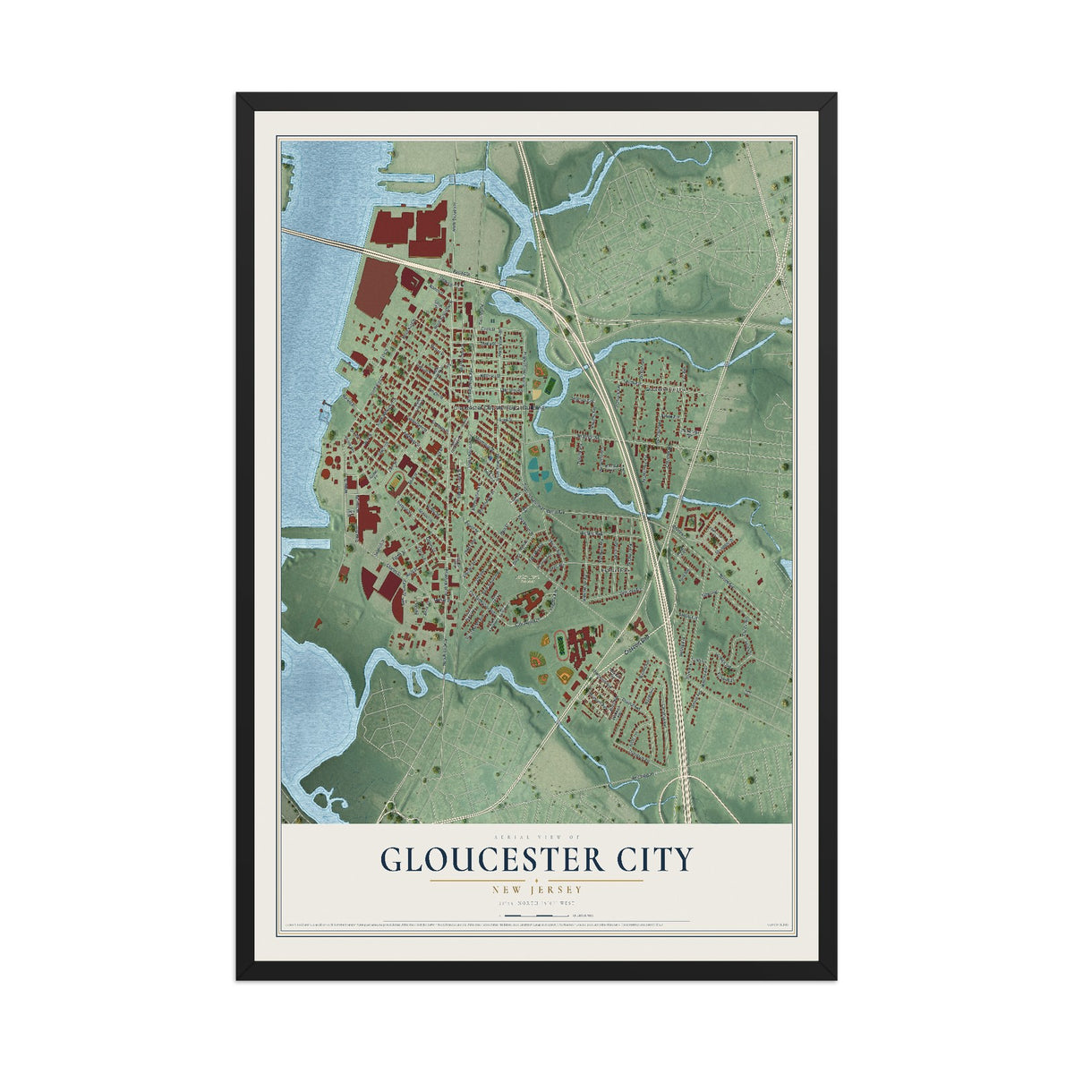 Gloucester City, New Jersey map print, 12" x 18" W/ Black Ayous Wood Frame mockup