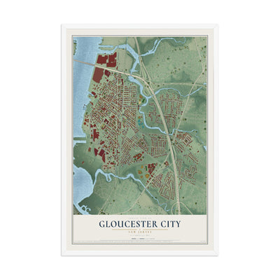 Gloucester City, New Jersey map print, 12" x 18" W/ White Ayous Wood Frame mockup