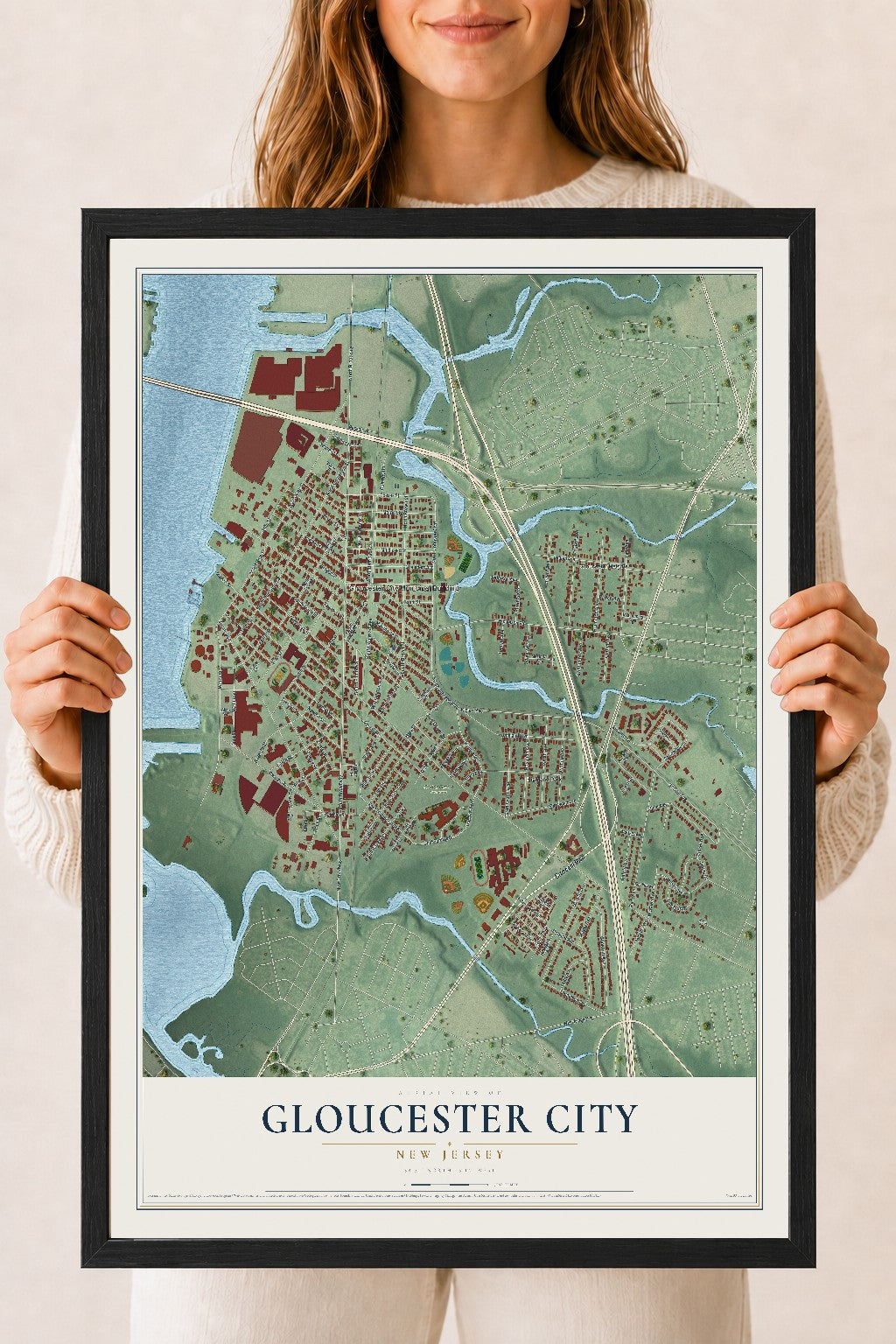 Gloucester City, New Jersey map print, 18" x 24" W/ Black Ayous Wood Frame mockup