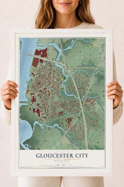 Gloucester City, New Jersey map print, 18" x 24" W/ White Ayous Wood Frame mockup