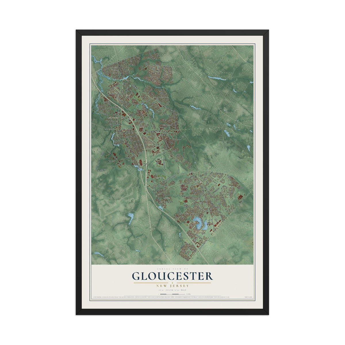 Gloucester, New Jersey map print, 12" x 18" W/ Black Ayous Wood Frame mockup