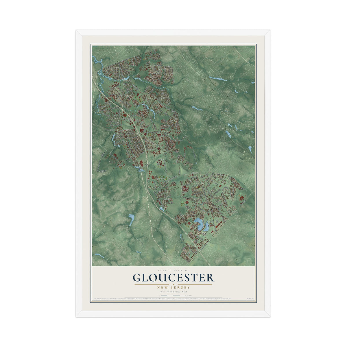 Gloucester, New Jersey map print, 12" x 18" W/ White Ayous Wood Frame mockup