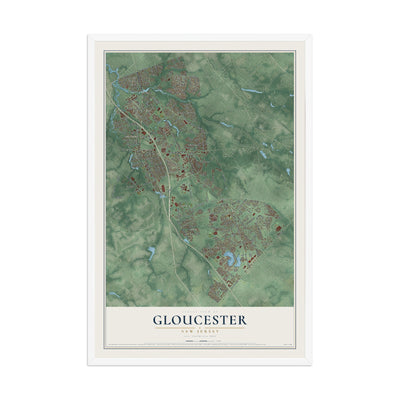 Gloucester, New Jersey map print, 12" x 18" W/ White Ayous Wood Frame mockup
