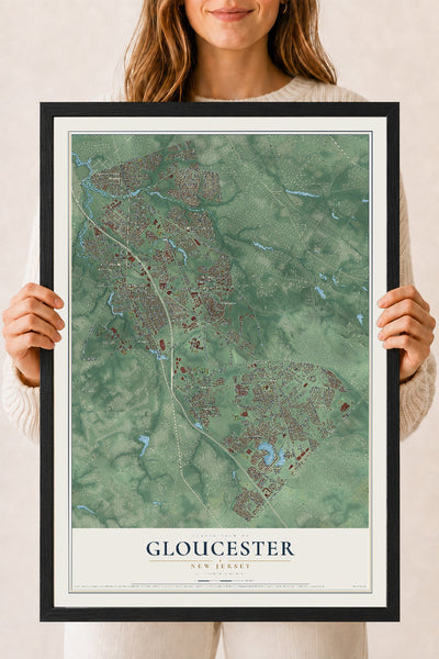 Gloucester, New Jersey map print, 18" x 24" W/ Black Ayous Wood Frame mockup
