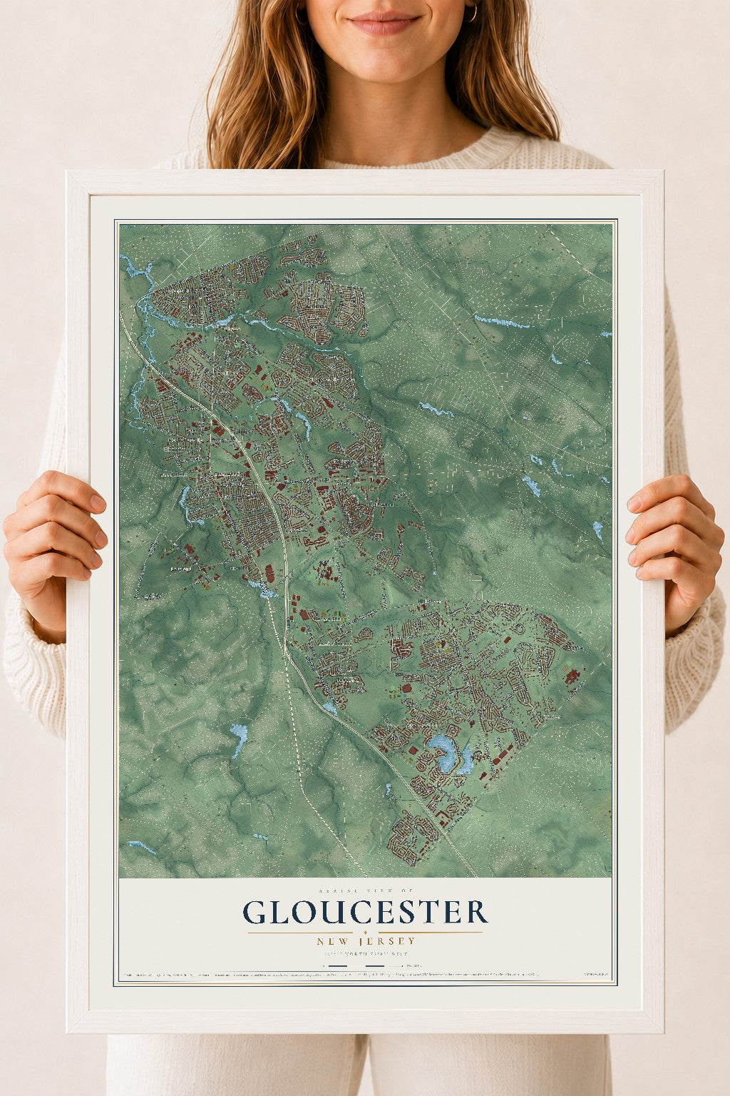 Gloucester, New Jersey map print, 18" x 24" W/ White Ayous Wood Frame mockup
