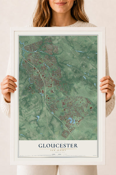 Gloucester, New Jersey map print, 18" x 24" W/ White Ayous Wood Frame mockup