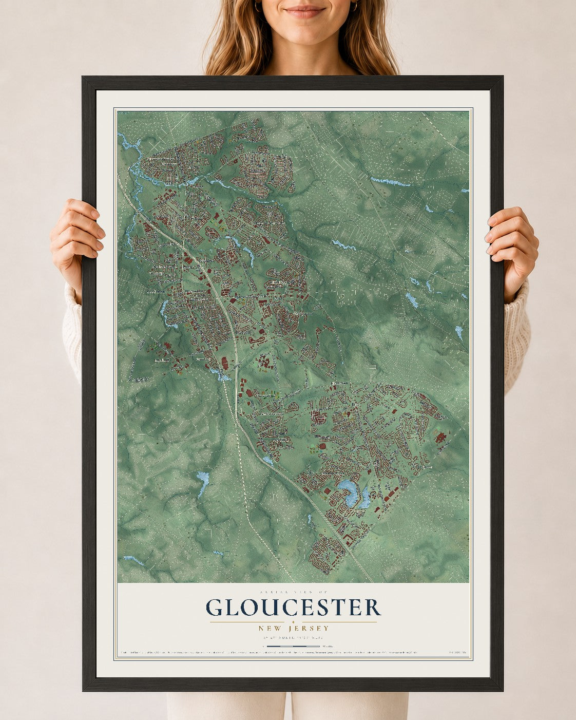 Gloucester, New Jersey map print, 24" x 36" W/ Black Ayous Wood Frame mockup