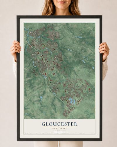 Gloucester, New Jersey map print, 24" x 36" W/ Black Ayous Wood Frame mockup